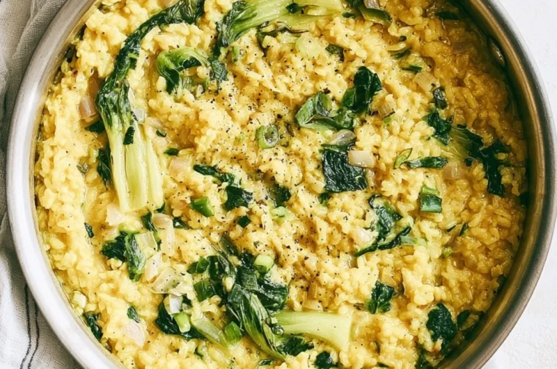 Bowl of anti-inflammatory creamy coconut rice garnished with fresh herbs.
