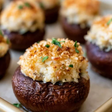 Creamy garlic herb cheese filled in roasted mushrooms dish