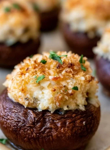 Creamy garlic herb cheese filled in roasted mushrooms dish