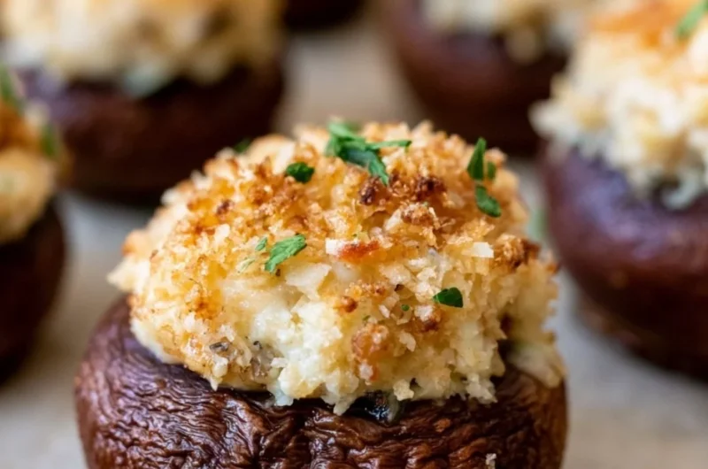 Creamy garlic herb cheese filled in roasted mushrooms dish