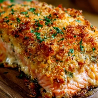 Crispy Parmesan Crusted Baked Salmon topped with herbs and served on a plate