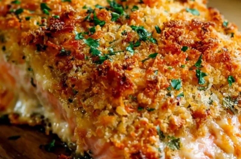 Crispy Parmesan Crusted Baked Salmon topped with herbs and served on a plate