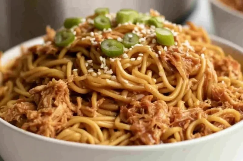 Crockpot Honey Garlic Chicken Noodles served in a bowl with chopsticks