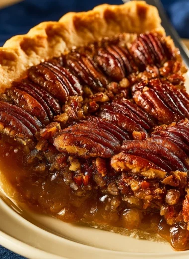 Sugar-free diabetic pecan pie served on a plate with walnuts and whipped cream