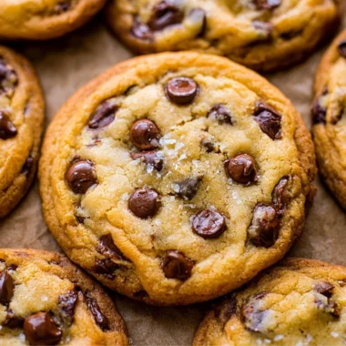 A plate of delicious everyday chocolate chip cookies with chocolate chunks
