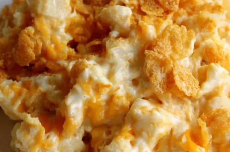 Delicious platter of funeral potatoes, a creamy potato casserole dish.