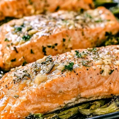 Delicious garlic butter baked salmon served on a plate