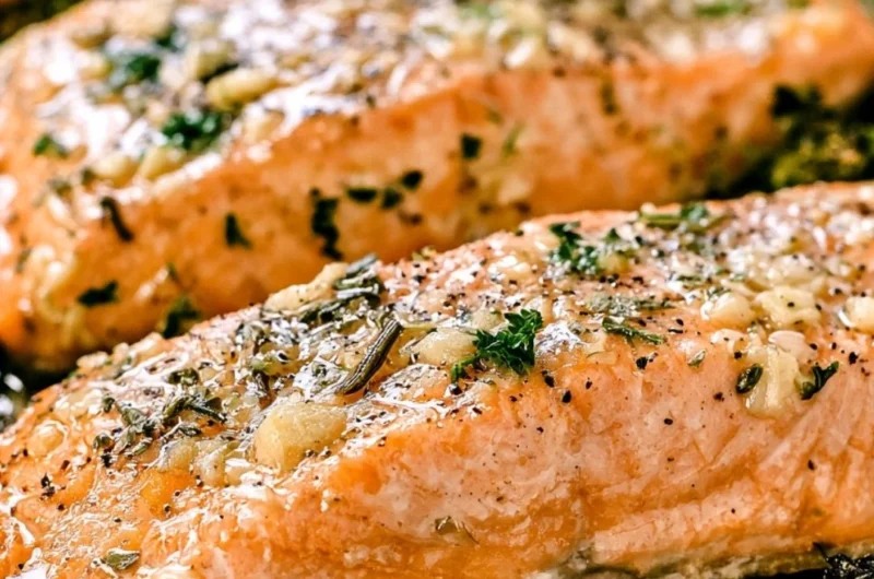 Delicious garlic butter baked salmon served on a plate