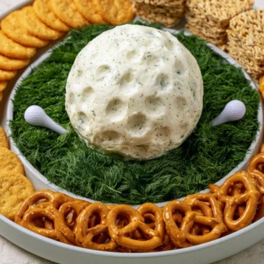 Delicious golf ball cheese ball appetizer on a plate.