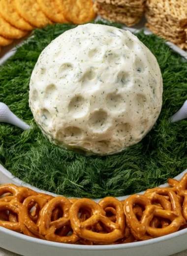 Delicious golf ball cheese ball appetizer on a plate.