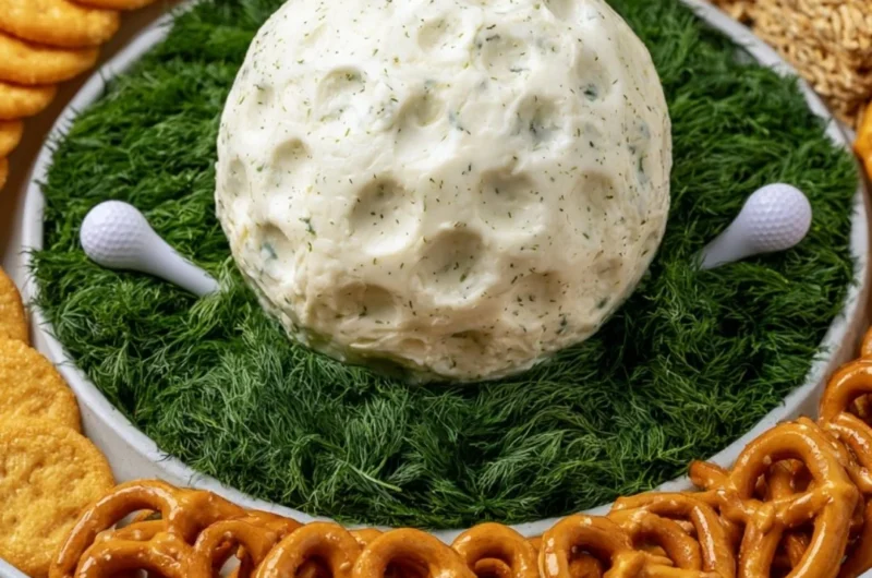 Delicious golf ball cheese ball appetizer on a plate.