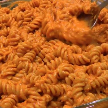 Delicious high protein creamy tomato pasta served in a bowl