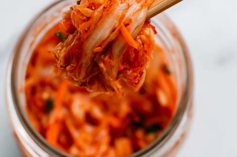 Bowl of homemade kimchi featuring vibrant red peppers and fresh vegetables.