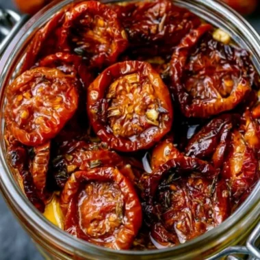 A jar of homemade sun-dried cherry tomatoes with herbs and olive oil