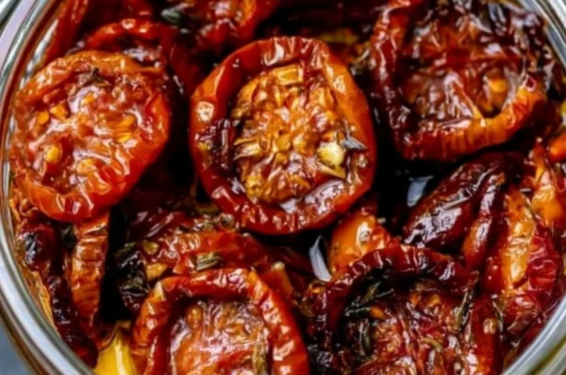A jar of homemade sun-dried cherry tomatoes with herbs and olive oil