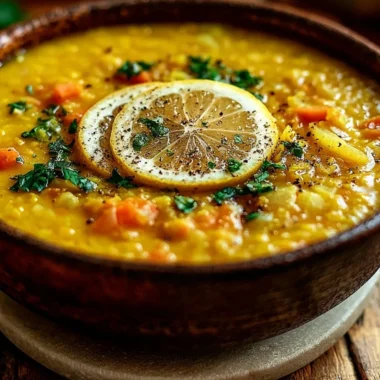 Bowl of vibrant Lemon Lentil Soup garnished with fresh herbs and lemon slices