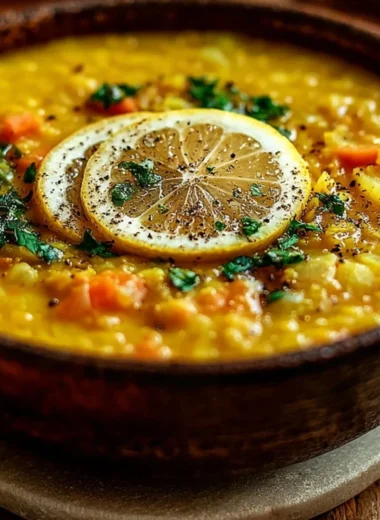 Bowl of vibrant Lemon Lentil Soup garnished with fresh herbs and lemon slices