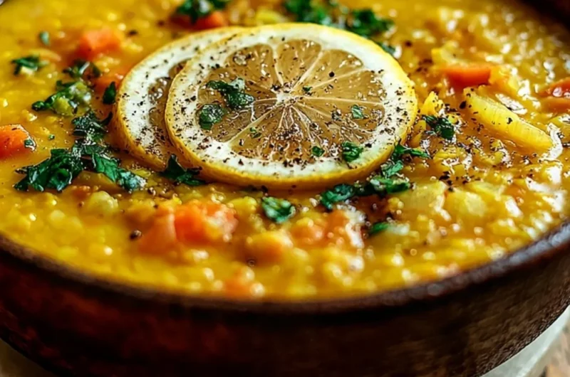 Bowl of vibrant Lemon Lentil Soup garnished with fresh herbs and lemon slices