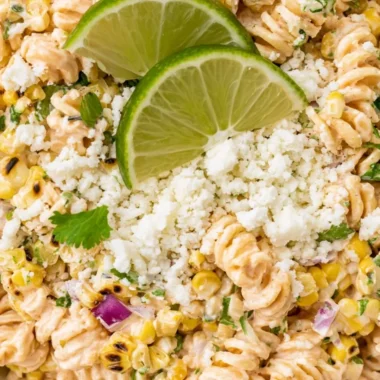 Delicious Mexican street corn pasta salad with fresh ingredients and vibrant colors