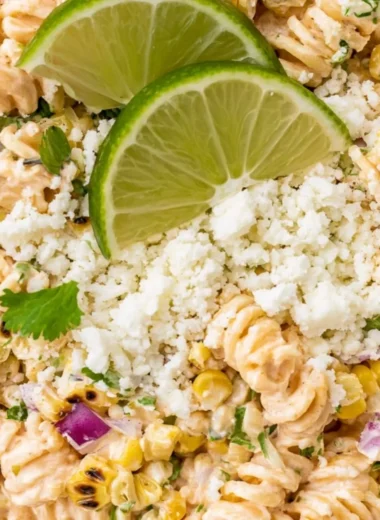 Delicious Mexican street corn pasta salad with fresh ingredients and vibrant colors