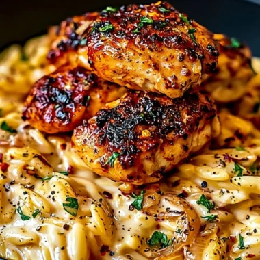Creamy One-Pot Cajun Chicken Alfredo Orzo served in a bowl, garnished with parsley.