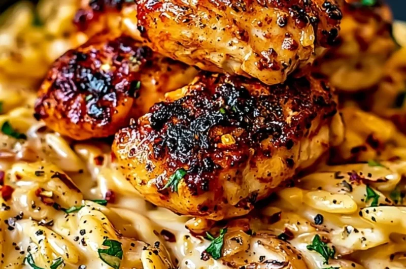 Creamy One-Pot Cajun Chicken Alfredo Orzo served in a bowl, garnished with parsley.