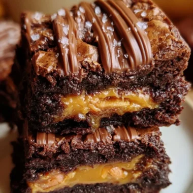 Decadent Snickers brownies topped with chocolate and caramel