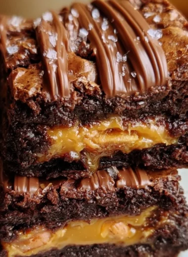 Decadent Snickers brownies topped with chocolate and caramel