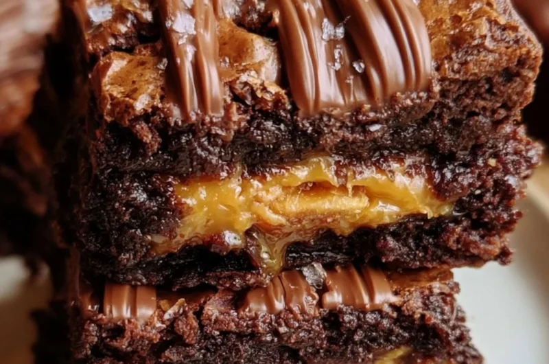 Decadent Snickers brownies topped with chocolate and caramel