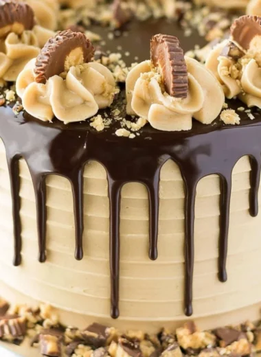 Peanut Butter Chocolate Layer Cake with rich frosting and layers