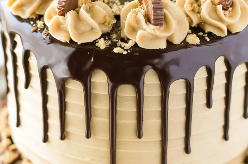 Peanut Butter Chocolate Layer Cake with rich frosting and layers