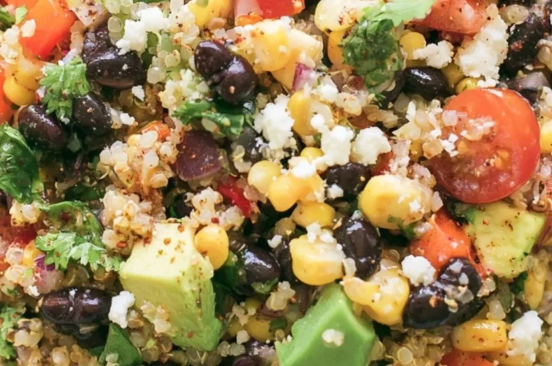 A vibrant quinoa black bean salad with colorful vegetables and healthy ingredients.