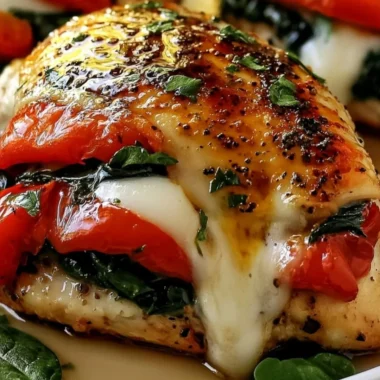 Roasted red pepper, spinach, and mozzarella stuffed chicken breast on a plate