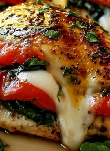 Roasted red pepper, spinach, and mozzarella stuffed chicken breast on a plate