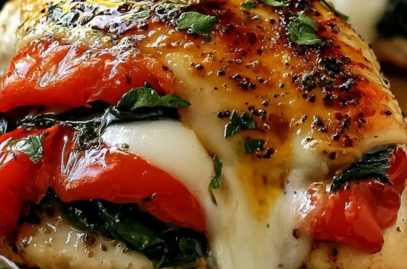 Roasted red pepper, spinach, and mozzarella stuffed chicken breast on a plate