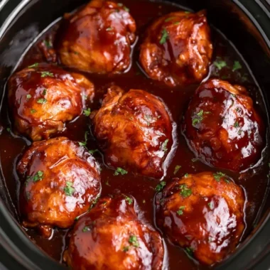 Delicious slow cooker BBQ chicken thighs served on a plate