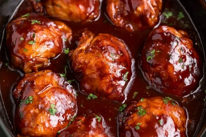 Delicious slow cooker BBQ chicken thighs served on a plate