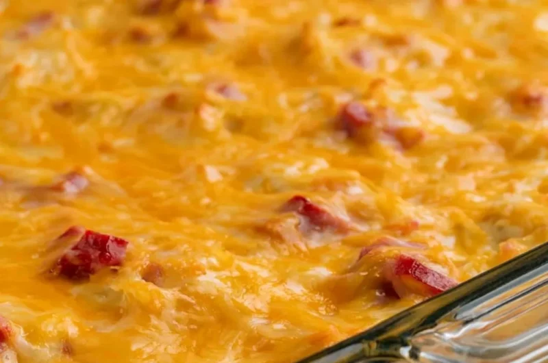 Delicious super cheesy ham and potato casserole baked to perfection