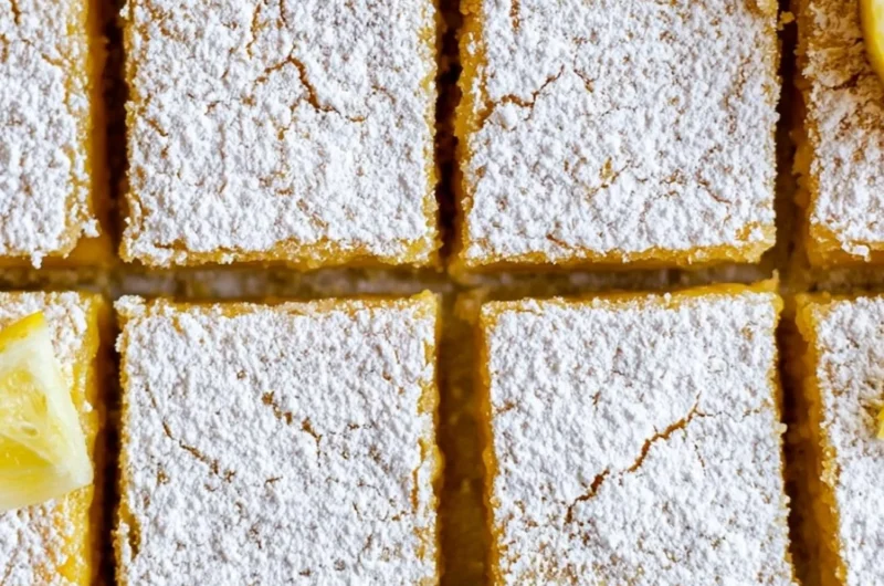 Delicious super easy lemon bars on a wooden table with a lemon slice garnish.