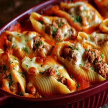 Delicious stuffed shells filled with ground beef and cheese in a marinara sauce