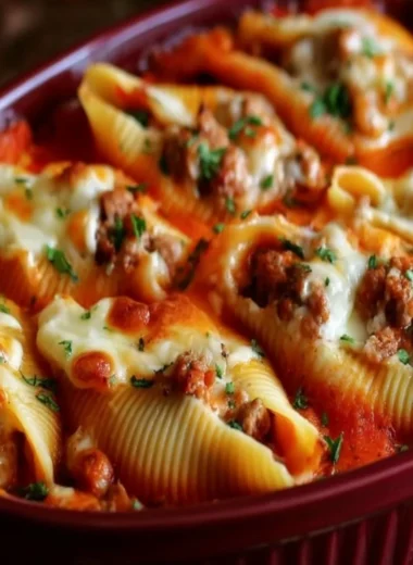 Delicious stuffed shells filled with ground beef and cheese in a marinara sauce