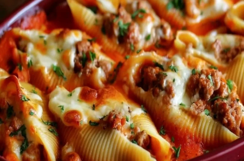 Delicious stuffed shells filled with ground beef and cheese in a marinara sauce