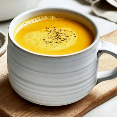 A cup of turmeric golden milk with spices on a wooden table.