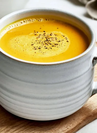 A cup of turmeric golden milk with spices on a wooden table.