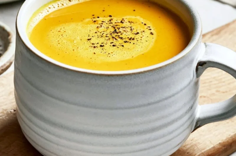 A cup of turmeric golden milk with spices on a wooden table.