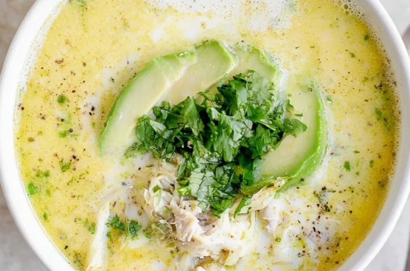 A bowl of creamy White Chicken Chili garnished with cilantro and jalapeños